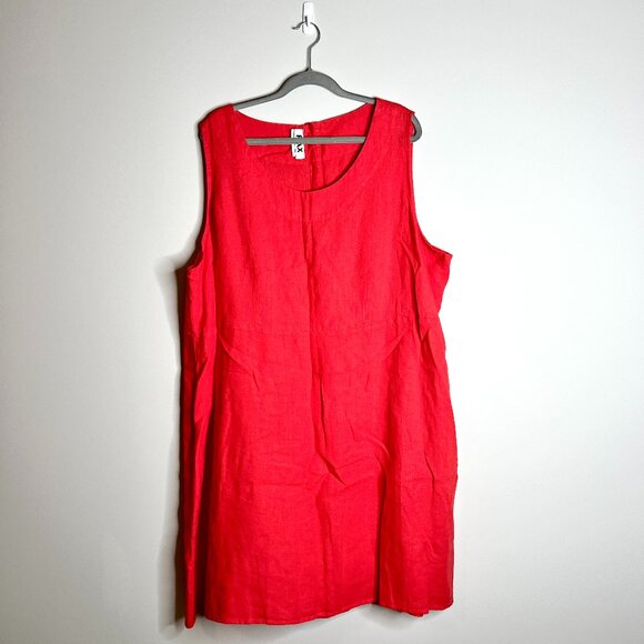 Flax Bright Red 100% Linen Button Back Knee Length Dress Beachy Lagenlook Sz 2G - Picture 1 of 4